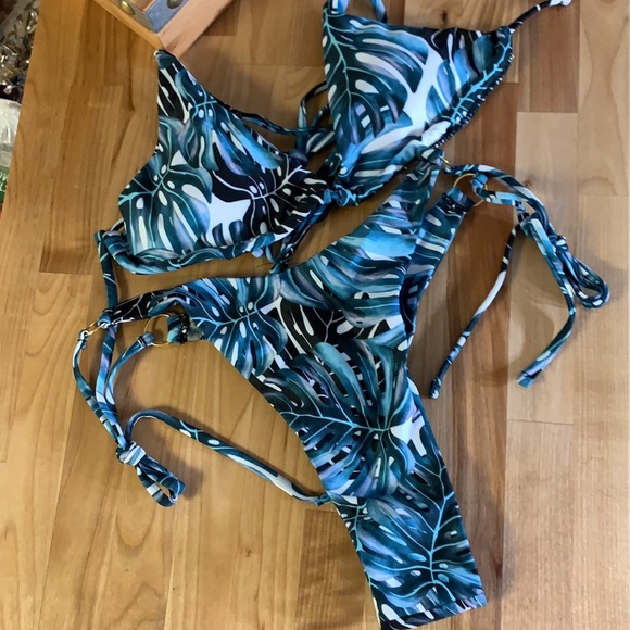 Multicolor Blue Green Tropical Print Halter Thong Bikini New - Picture 2 of 14